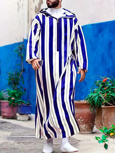 Maryam’s Essential Luxury Men Ethnic Hooded Striped Robe Kaftan