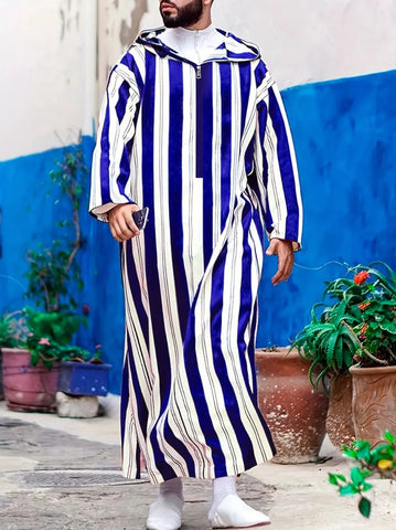 Maryam’s Essential Luxury Men Ethnic Hooded Striped Robe Kaftan