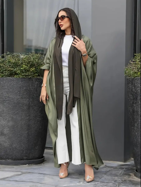 Maryam’s Essential Luxury Military Green Shiny Long Bat Sleeves Maxi Kaftan Abaya