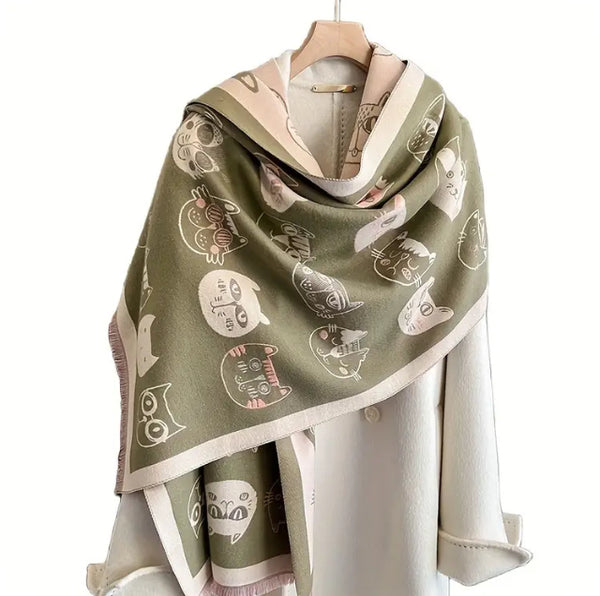 Maryam’s Essential Luxury Cute Cat Print Cashmere Shawl Wrap Scarf