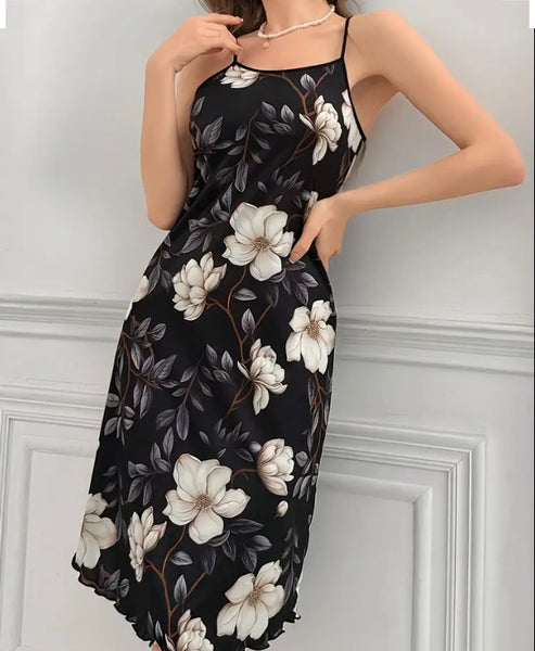 Maryam’s Essential Floral Print Lettuce Trim Round Neck Knee Length Slip Nightdress