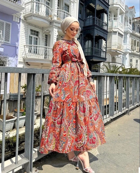 Maryam’s Essential Vintage Paisley Print Crew Neck Long Sleeves Ruffle Hem Dress