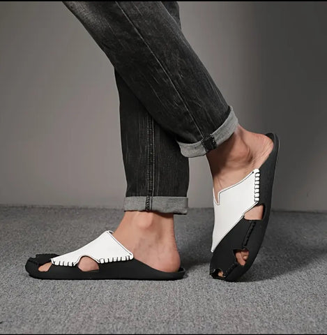 Maryam’s Essential Luxury Men Hand Crafted Synthetic Black & White Leather with Rubber Sole Slip-on Sandals