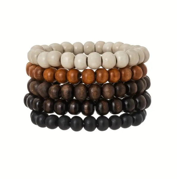 Maryam’s Essential Unisex 5 Pieces Retro Round Wood Beads Multilayer Bracelets