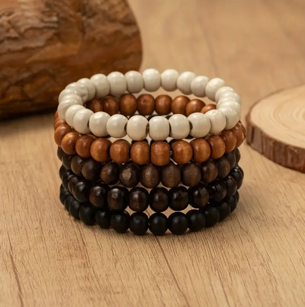 Maryam’s Essential Unisex 5 Pieces Retro Round Wood Beads Multilayer Bracelets