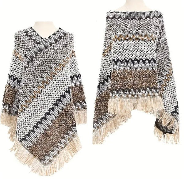Maryam’s Essential Luxury Vintage Chic Knit Poncho with Tassels