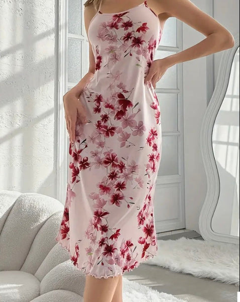 Maryam’s Essential Floral Print Lettuce Trim Round Neck Knee Length Slip Nightdress