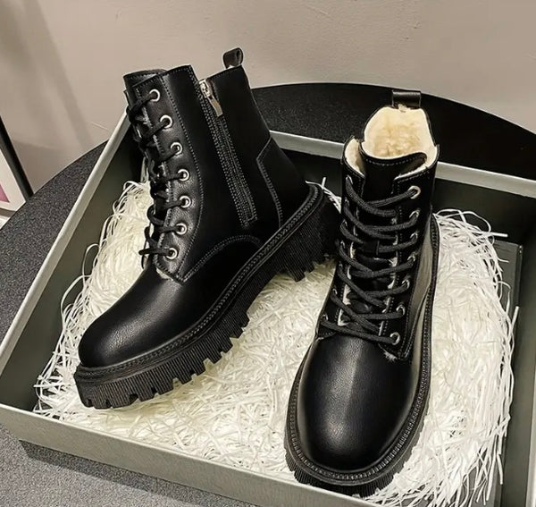 Maryam’s Essential Faux Leather, Fleece Combat Lace Up Ankle Boots