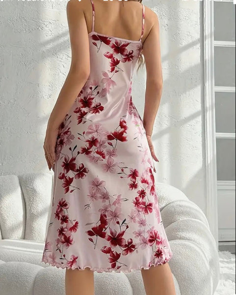 Maryam’s Essential Floral Print Lettuce Trim Round Neck Knee Length Slip Nightdress