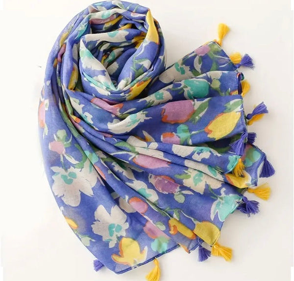 Maryam's Essential Flower Printed Cotton Viscose Tassels Hijab
