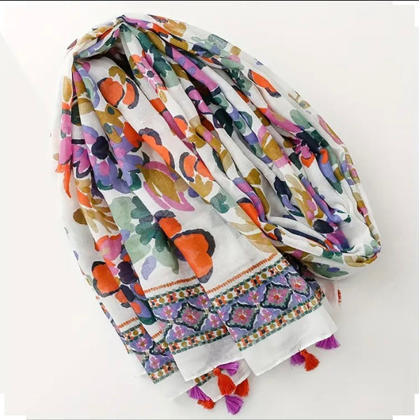 Maryam's Essential Flower Printed Cotton Viscose Tassels Hijab