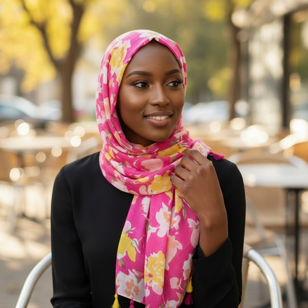 Maryam's Essential Flower Printed Cotton Polyester Tassels Hijab