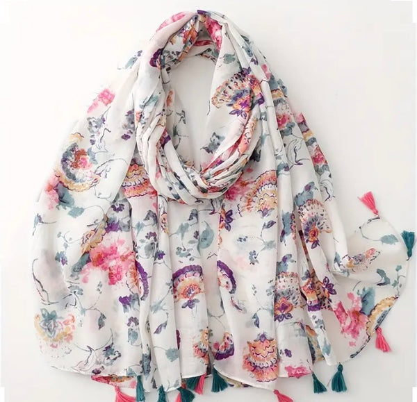 Maryam's Essential Floral Printed Cotton Viscose Tassels Hijab