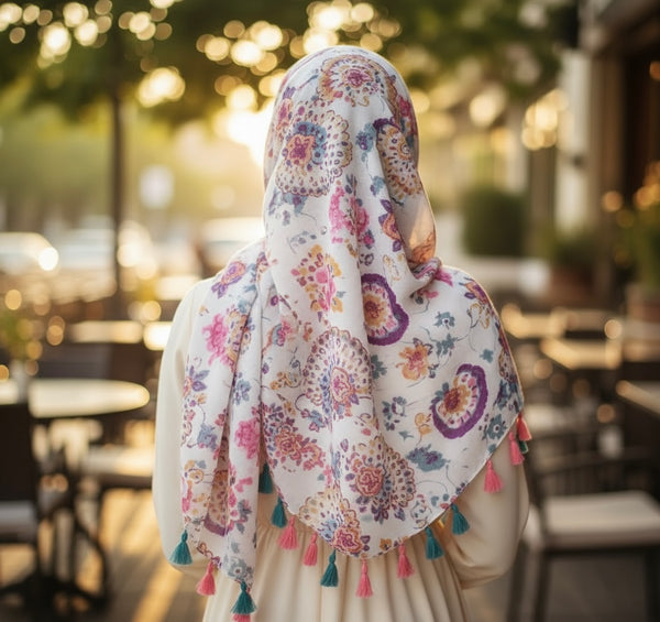 Maryam's Essential Floral Printed Cotton Viscose Tassels Hijab