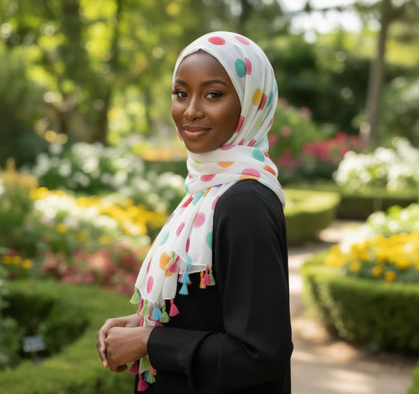 Maryam's Essential Dotted Print Cotton Polyester Tassels Hijab