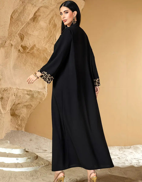 Maryam’s Essential Luxury Arab Black & Leopard Print with Pocket Abaya Dress