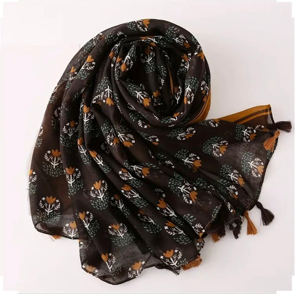 Maryam's Essential Flower Printed Cotton Viscose Tassels Scarf/Hijab