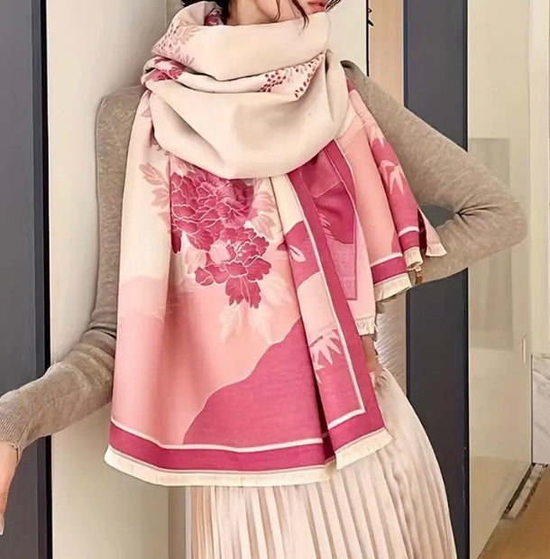 Maryam’s Essential Luxury Mature Versatile Reversible Warm Soft Floral Fringe Cashmere Scarf