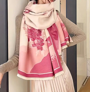 Maryam’s Essential Luxury Mature Versatile Reversible Warm Soft Floral Fringe Cashmere Scarf
