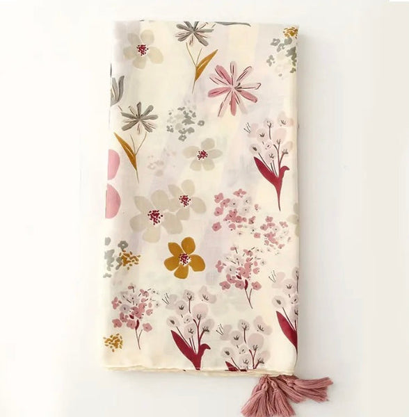 Maryam's Essential Flower Printed Cotton Viscose Tassels Hijab