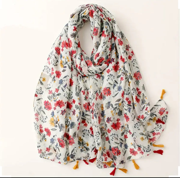 Maryam's Essential Flower Printed Cotton Viscose Tassels Hijab