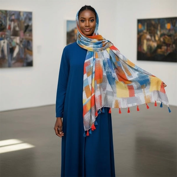 Maryam's Essential Colour Patch Printed Cotton Viscose Tassels Hijab