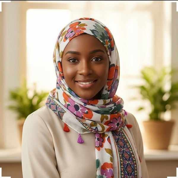 Maryam's Essential Flower Printed Cotton Viscose Tassels Hijab