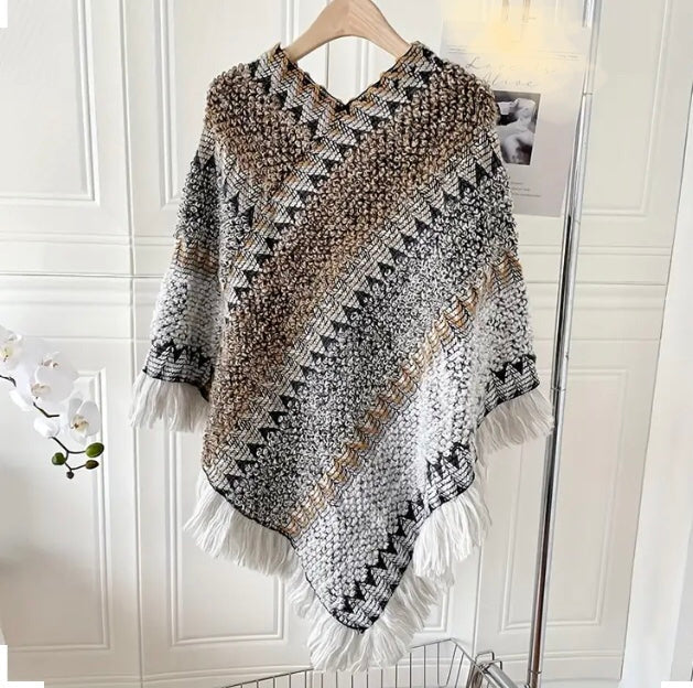 Maryam’s Essential Luxury Vintage Chic Knit Poncho with Tassels