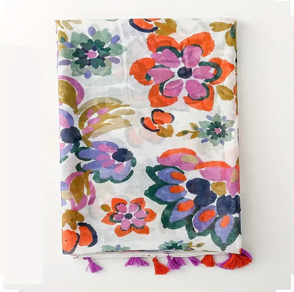 Maryam's Essential Flower Printed Cotton Viscose Tassels Hijab