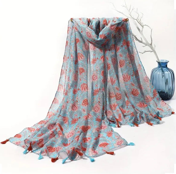 Maryam's Essential Floral Printed Cotton Viscose Tassels Hijab