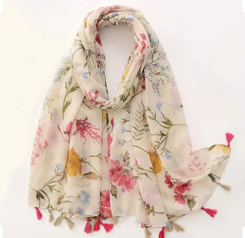Maryam's Essential Flower Printed Cotton Linen Tassels Hijab