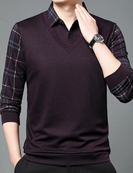 Maryam’s Essential Men V-Neck Button Long Sleeves Casual Regular Fit Striped Plaid Knitted Cotton Shirt