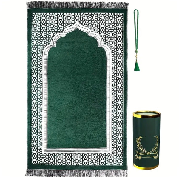 Maryam’s Essential Muslim Prayer Mat & Prayer Beads Cylindrical Gift Set