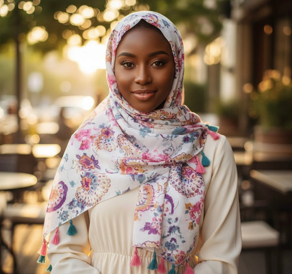 Maryam's Essential Floral Printed Cotton Viscose Tassels Hijab