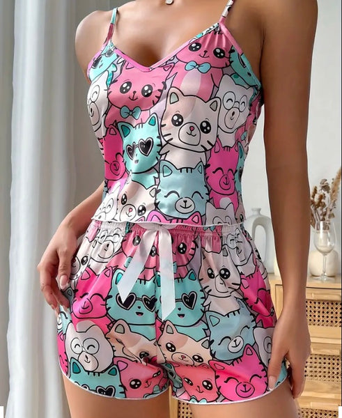 Maryam’s Essential Cat Print Lettuce Trim V-Neck Cami Top & Short Sleepwear Set