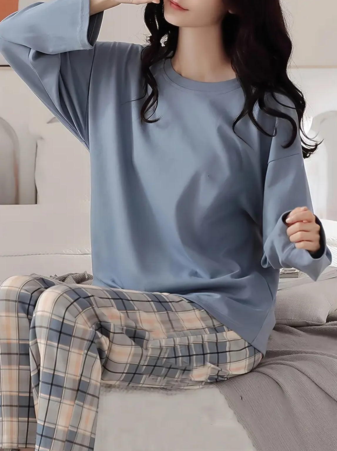 Maryam’s Essential Plaid Print Crew Neck Long Sleeve Sleepwear Set