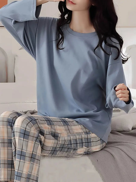 Maryam’s Essential Plaid Print Crew Neck Long Sleeve Sleepwear Set