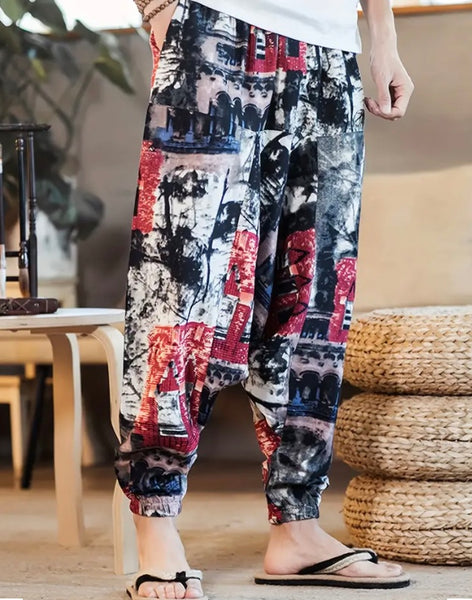 Maryam’s Essential Men’s Ethnic Vintage Pattern Stitching Print Harem Baggy Trouser