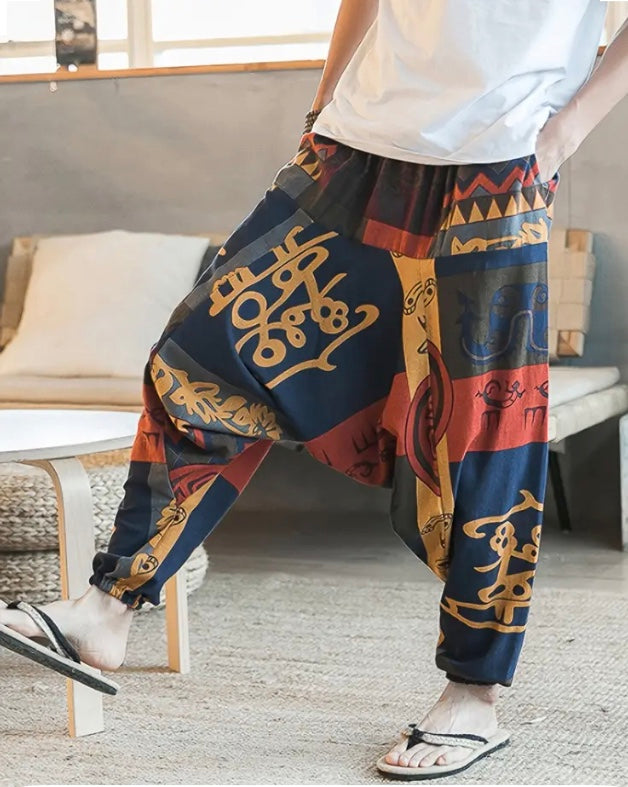 Maryam’s Essential Men’s Ethnic Vintage Pattern Stitching Print Harem Baggy Trouser