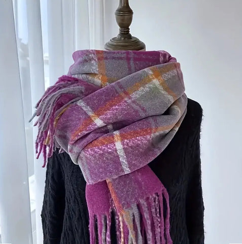 Maryam’s Essential Gingham Print Plaid Trim Tassel Scarf