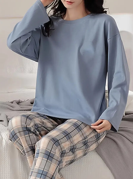 Maryam’s Essential Plaid Print Crew Neck Long Sleeve Sleepwear Set