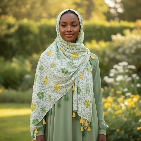 Maryam's Essential Flower Printed Cotton Polyester Tassels Hijab