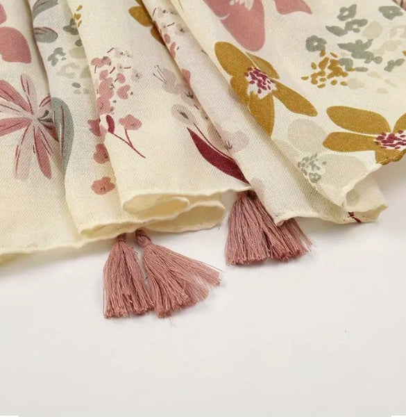 Maryam's Essential Flower Printed Cotton Viscose Tassels Hijab