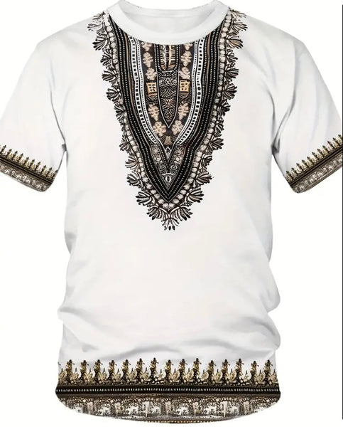 Maryam’s Essential Men’s Ethnic Style Graphic Pattern Print Crew Neck, Short Sleeve Top Tank