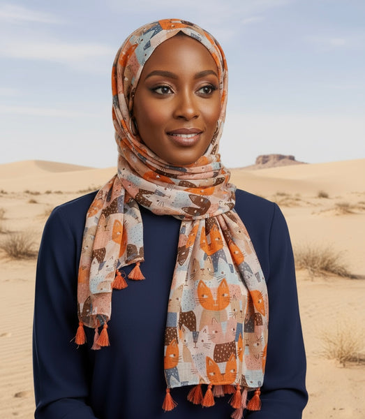 Maryam's Essential Cute Cat Print Cotton Viscose Tassels Hijab