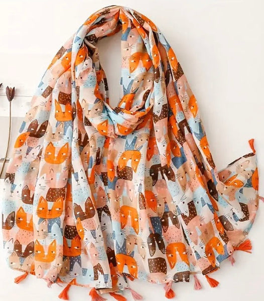 Maryam's Essential Cute Cat Print Cotton Viscose Tassels Hijab
