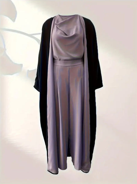 Maryam’s Essential Luxury Arab Muslim Three Pieces Abaya, Sleeveless Top, Crop Pants Set