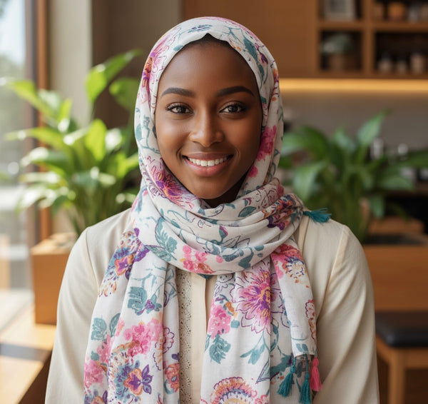 Maryam's Essential Floral Printed Cotton Viscose Tassels Hijab