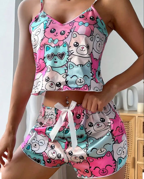 Maryam’s Essential Cat Print Lettuce Trim V-Neck Cami Top & Short Sleepwear Set