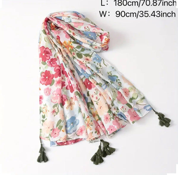 Maryam's Essential Floral Printed Cotton Viscose Tassels Hijab